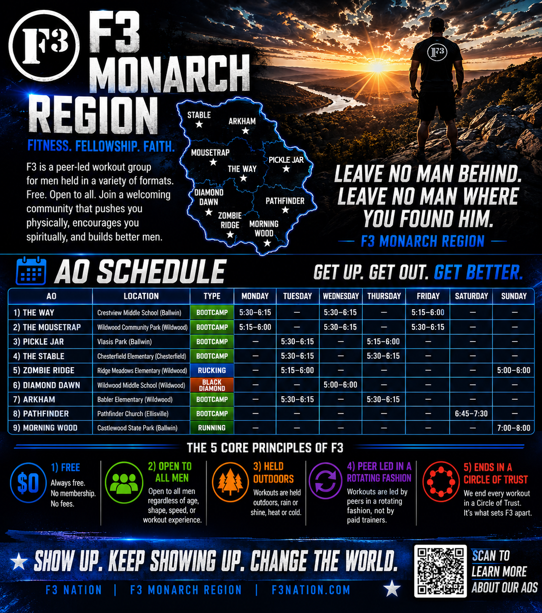 F3 Monarch STL Region Schedule Flyer with QR Code